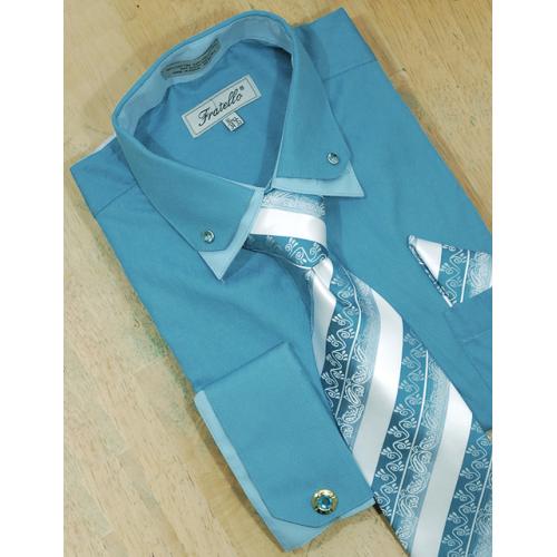 Fratello Turquoise / Sky Blue  Double Collar With Rhinestones And French Cuffs Shirt/Tie/Hanky Set With Free Cufflinks FRV4111P2
